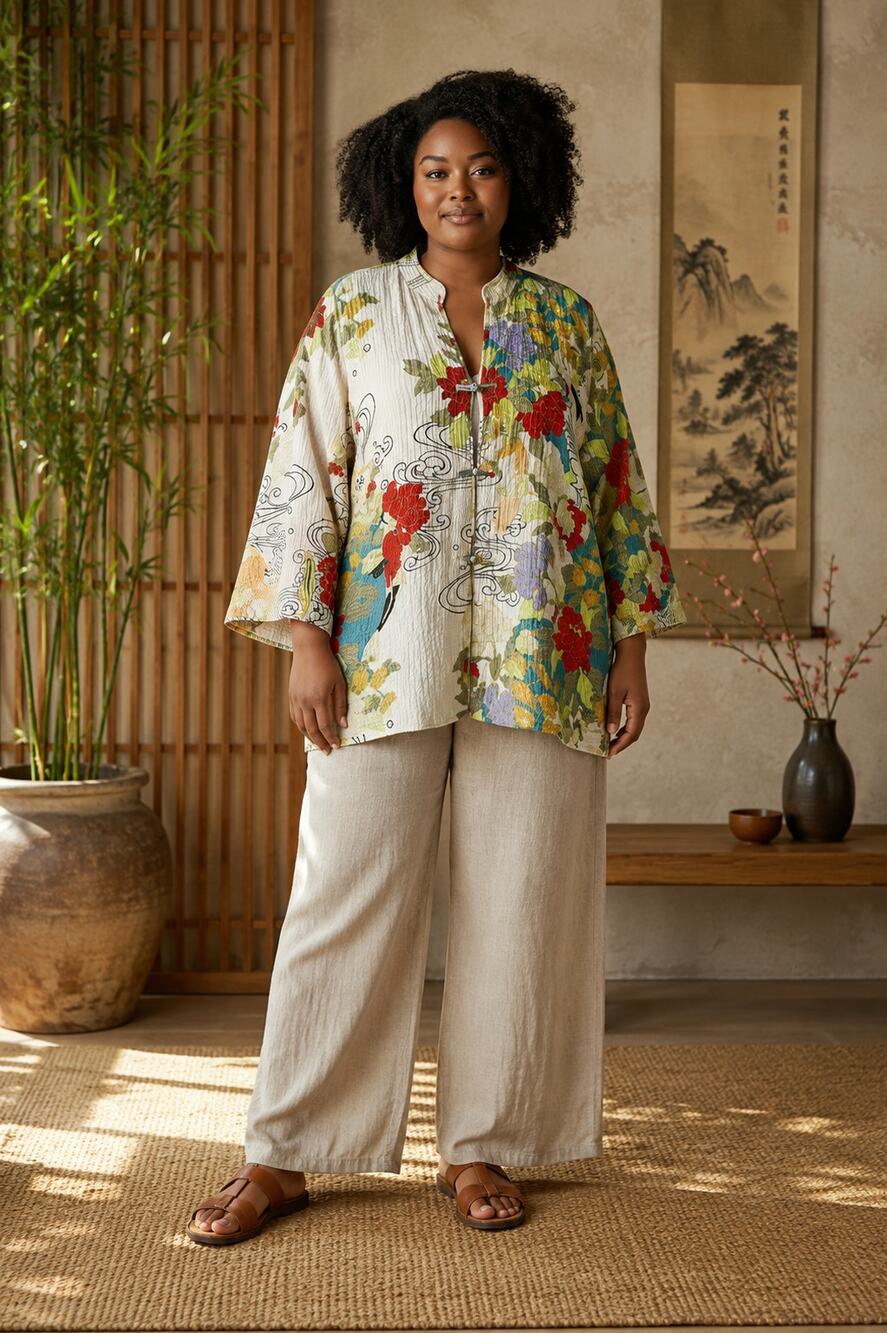 Citron Santa Monica 2X 100% Silk Textured Koi Fish Floral Asian Jacket Tunic